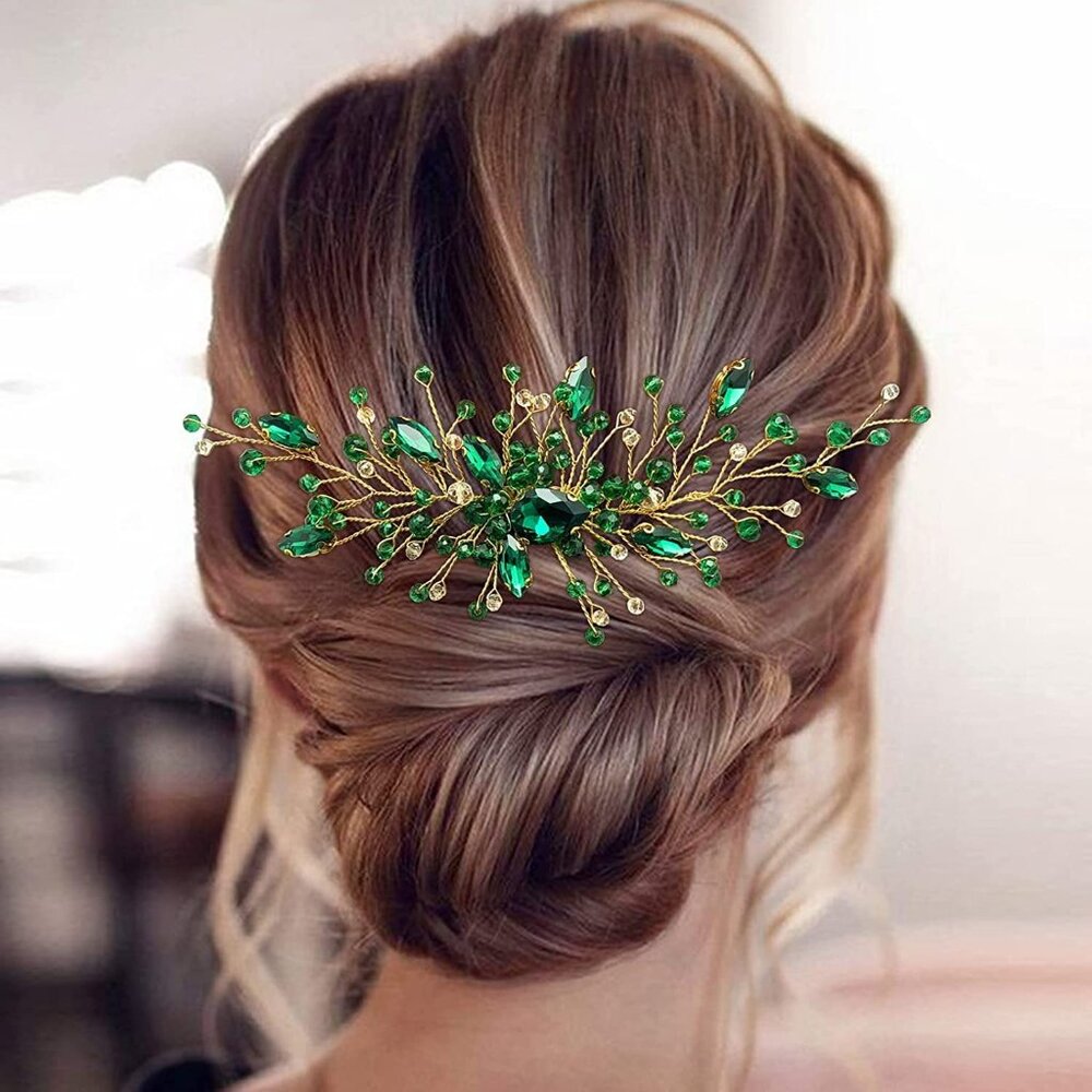 Bride Wedding Hair Accessories - Dark Green Rhinestones Crystal Bridesmaid Hair